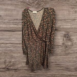 Kaileigh Floral Faux Wrap Dress Size 1X Black Floral Multi Boho Hippie Chic.